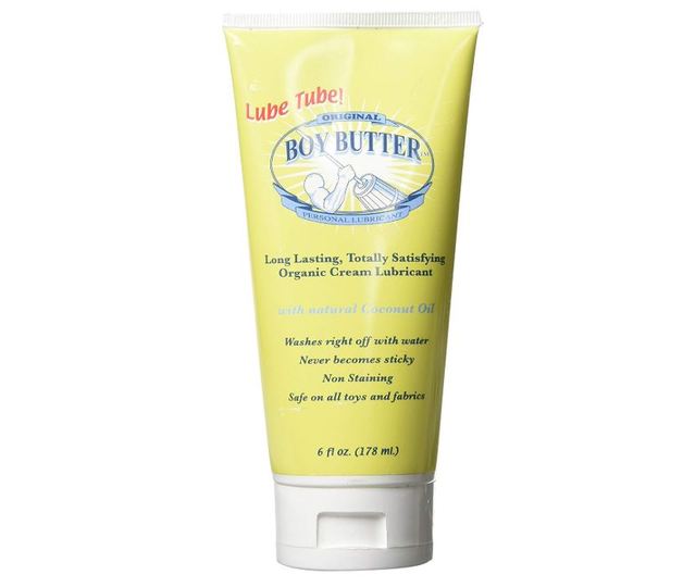 Yellow tube of boy butter original organic cream lubricant with white cap and blue logo for smooth personal use
