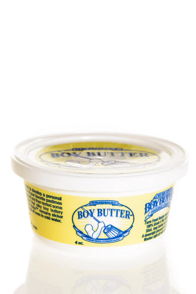 Yellow-labeled plastic container of boy butter original formula personal lubricant with clear lid and blue branding