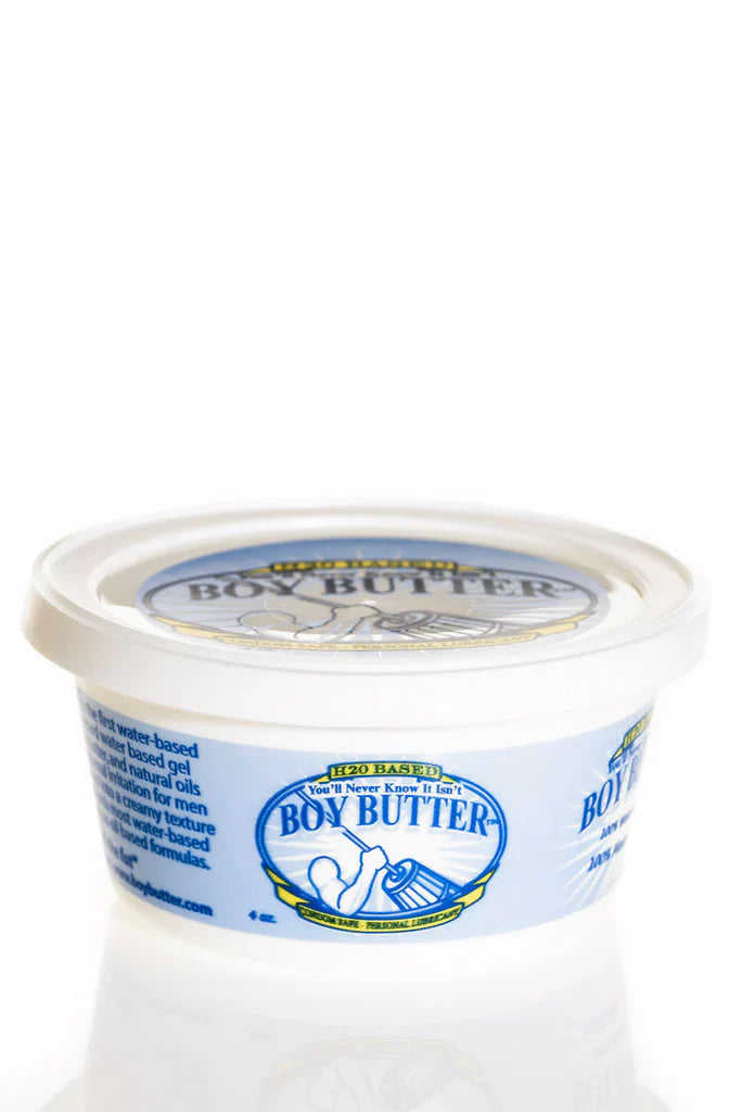 A white plastic container of Boy Butter water based gel with blue and yellow branding for smooth lubrication
