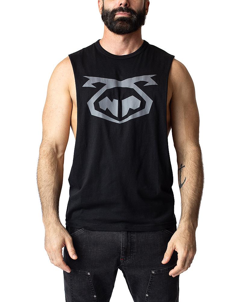 Black sleeveless muscle tank top with silver gray brandmark shredder logo on the chest for workout use