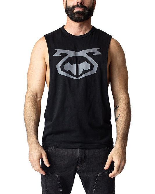 Black sleeveless muscle tank top with silver gray brandmark shredder logo on the chest for workout use