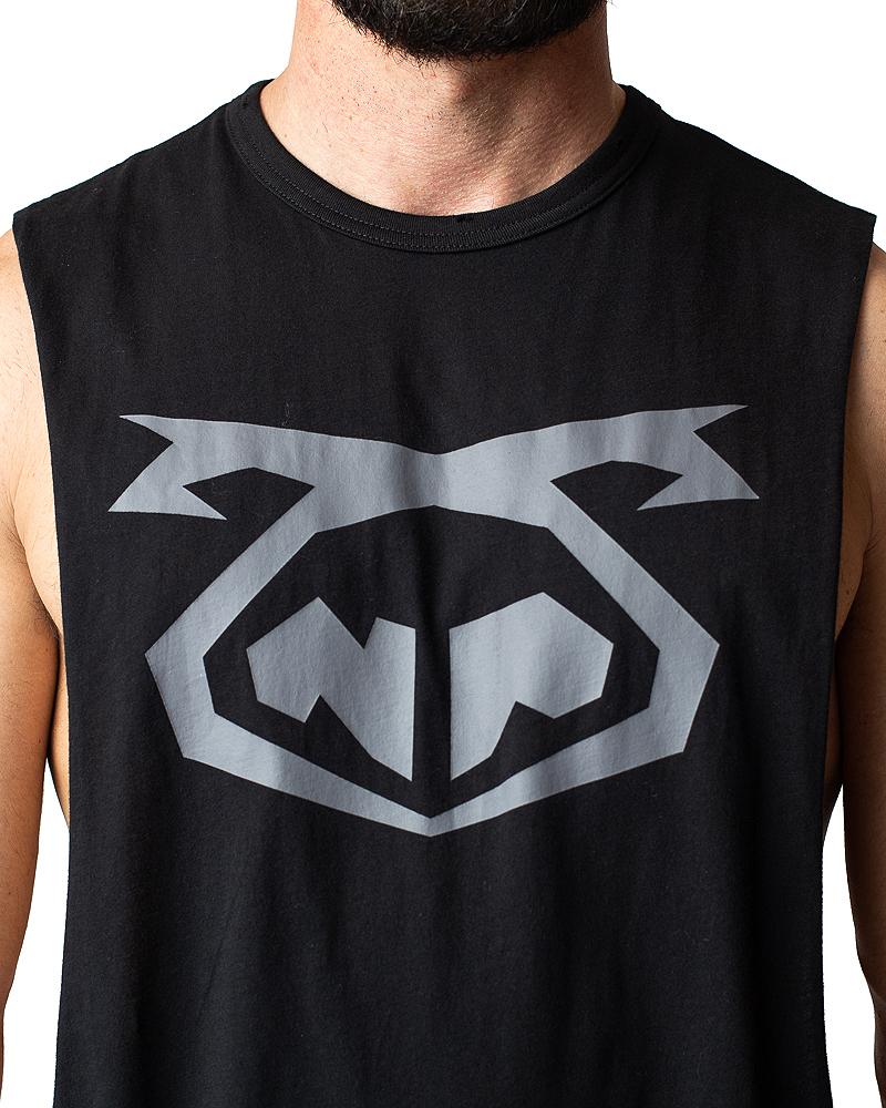 Black sleeveless muscle tank top with bold gray geometric logo featuring angular design elements brandmark shredder