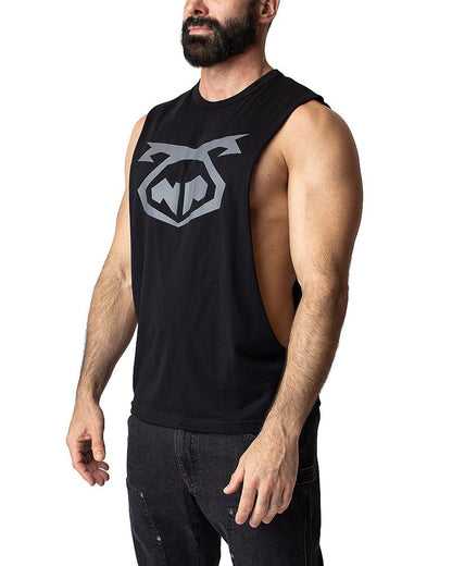 Black sleeveless muscle tank top with gray geometric logo on chest designed for BRANDMARK SHREDDER workout use