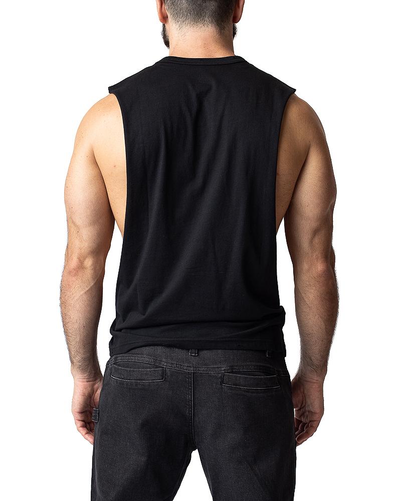 Brandmark shredder black sleeveless muscle tank top with ribbed neckline and relaxed fit for casual wear