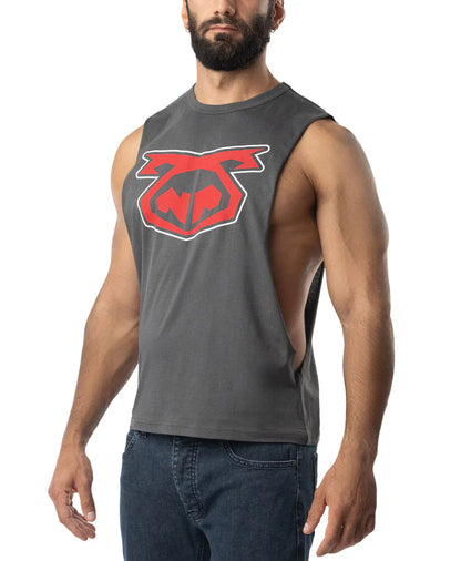 Gray muscle tank top featuring a bold red and black brandmark shredder 3.0 graphic logo on the chest