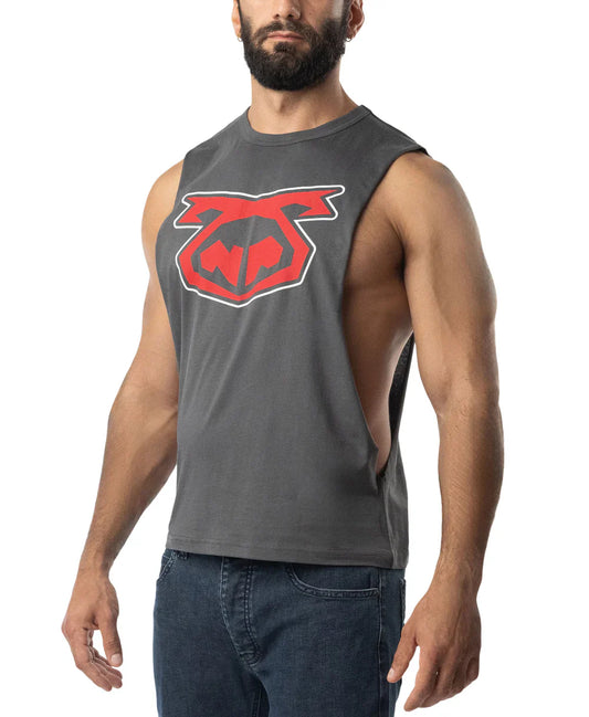 Gray muscle tank top featuring a bold red and black brandmark shredder 3.0 graphic logo on the chest