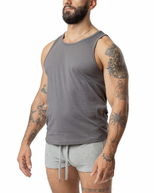 Brandmark tank gray sleeveless tank top with simple round neckline and relaxed fit ideal for casual wear