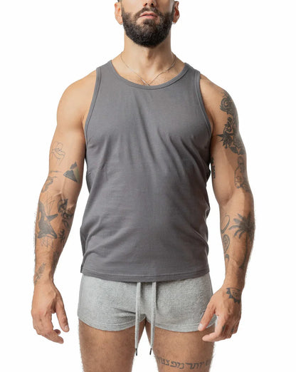 Gray brandmark tank sleeveless tank top with round neckline and relaxed fit perfect for casual wear