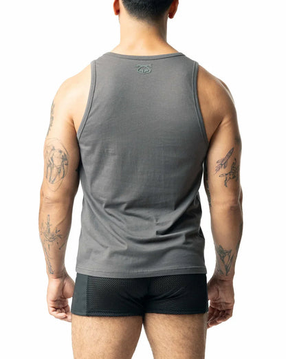 Gray sleeveless tank top with a subtle logo at the neckline from BRANDMARK tank collection
