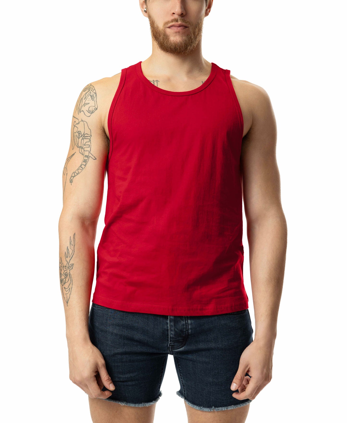 Red sleeveless tank top by brandmark with simple round neckline and straight hem in soft breathable fabric