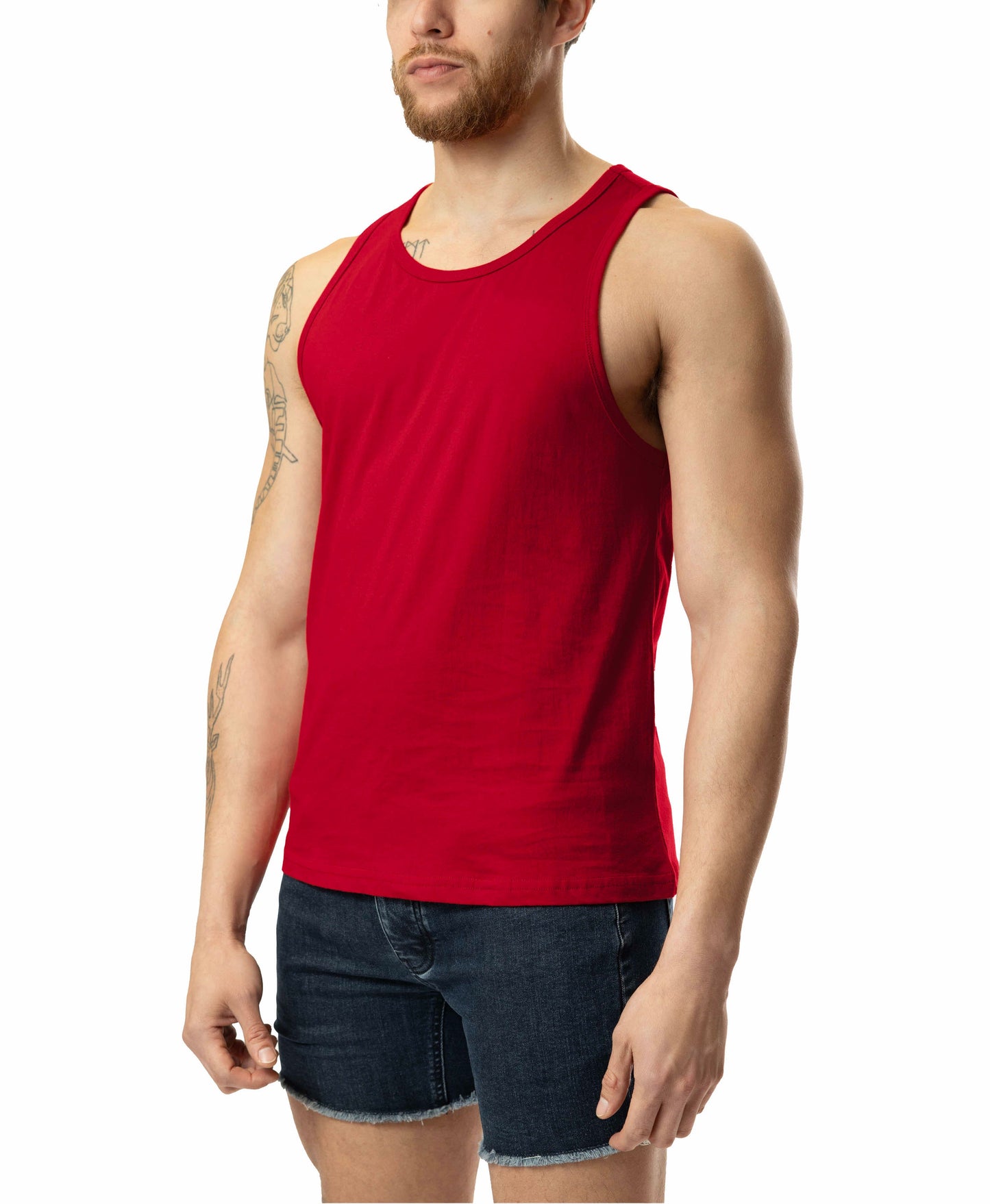 Red sleeveless tank top brandmark tank with simple round neckline and smooth fabric for casual wear