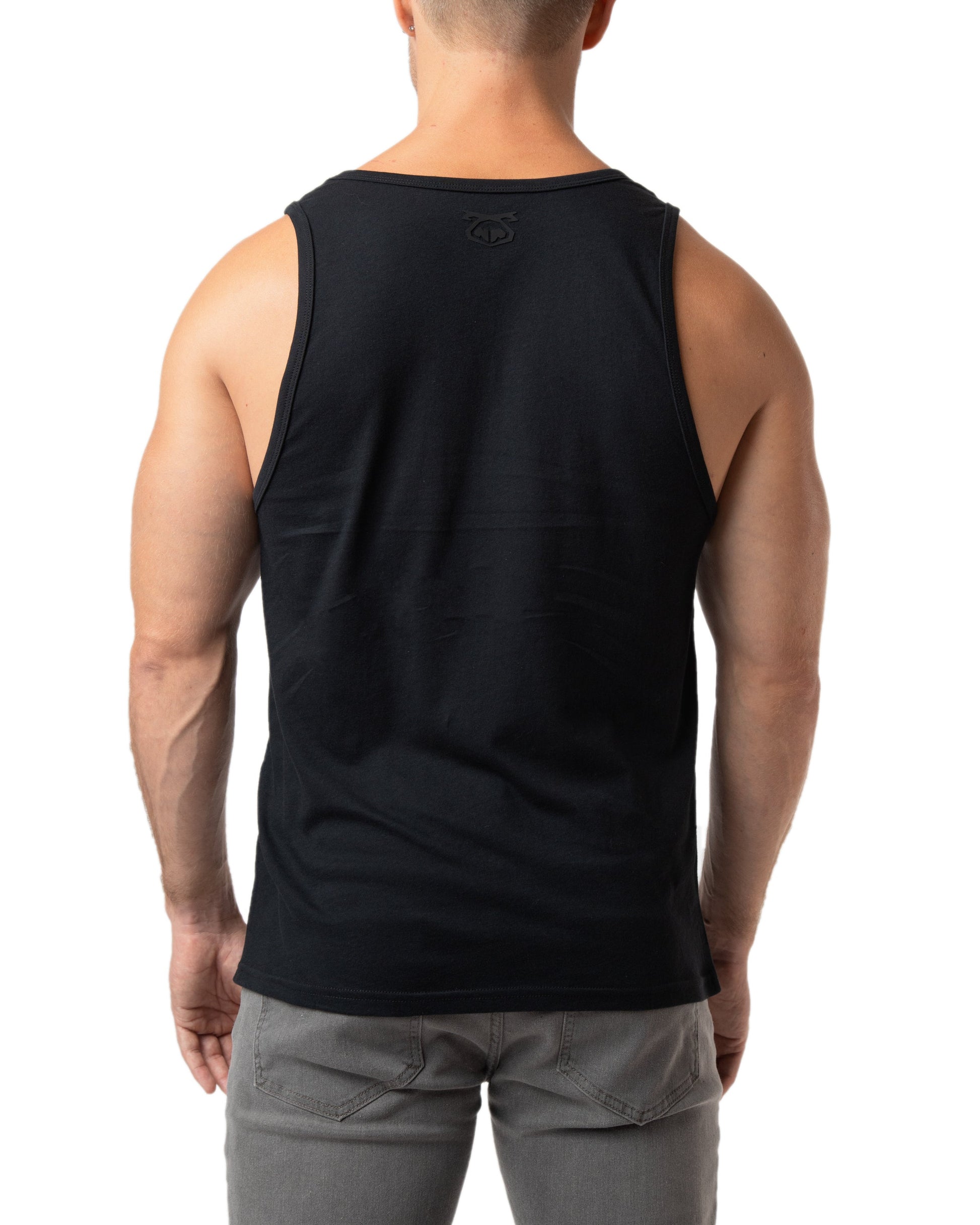 Black brandmark tank sleeveless back view with subtle logo on upper back ideal for casual wear