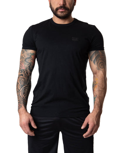 Black short-sleeved crew neck Brandmark tee with a small left chest logo made of soft cotton blend fabric