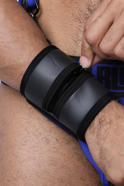 Black buckle up cuff wristband with zipper closure and blue trim available in 5 colors