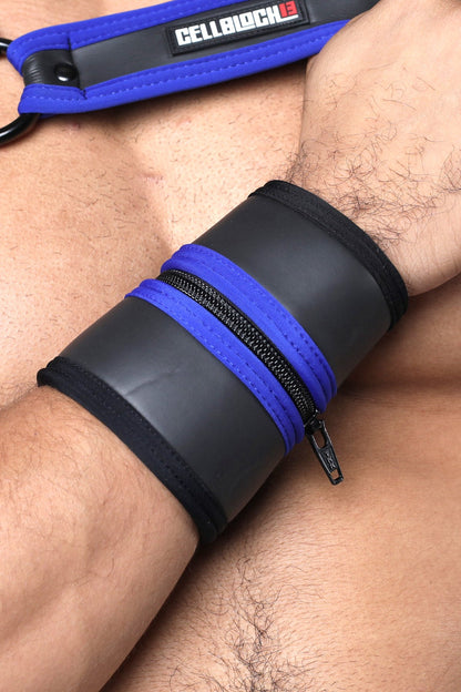 Blue and black leather buckle up cuff with zipper detail available in five colors for stylish wristwear