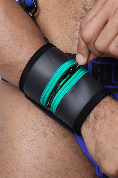 Black buckle up cuff wristband with teal zipper accents designed for style and secure fit available in five colors