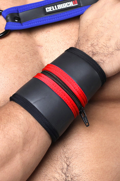 Black and red leather buckle up cuff wristband with zipper closure and cellblock branded blue strap available in 5 colors