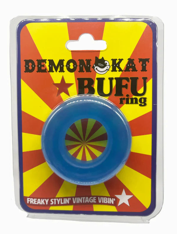 Blue plastic bufu ring with colorful radial pattern inside on vibrant red and yellow cardboard packaging