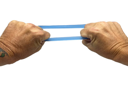 A translucent blue rubber band being stretched between two hands featured in the bufu ring product