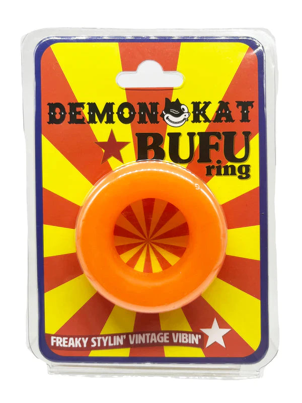 Bright orange translucent plastic bufu ring with a radial pattern on the inside for stylish wear