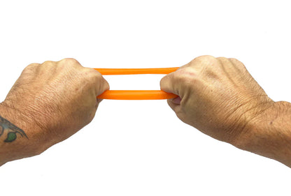 Bright orange BUFU ring elastic band made of stretchy material being stretched between two hands