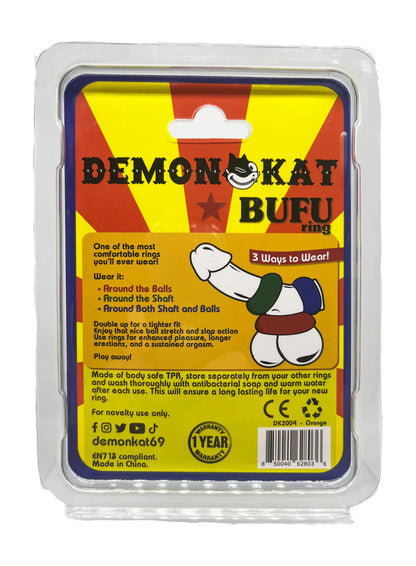 Demonokat bufu ring novelty sex toy made of body-safe tpr with green and red colorful banding