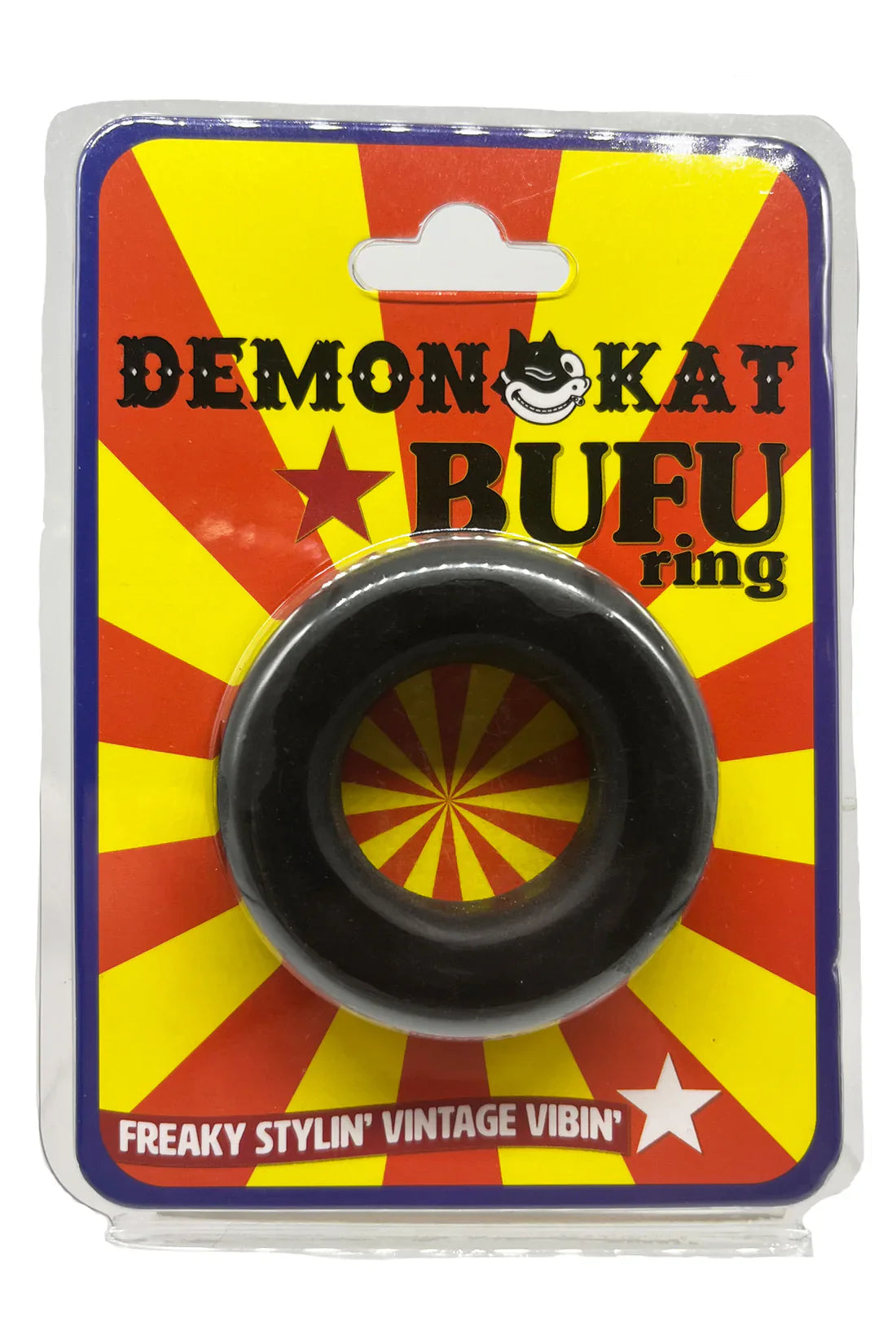 Black silicone BUFU ring displayed in colorful demon kat bufu branded packaging for everyday wear