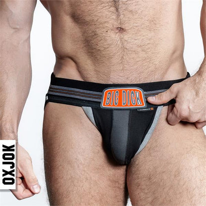 Bulger jockstrap black and gray athletic briefs with orange big dick logo and subtle side stripes