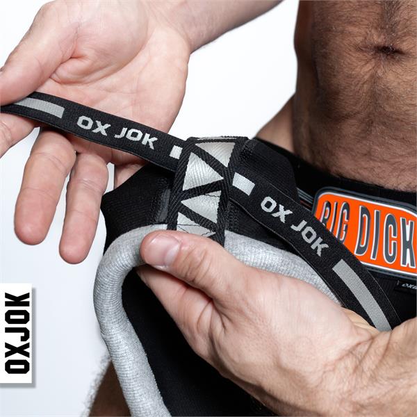 Bulger jockstrap featuring black and gray ox jok branded lacing with reflective stripes for enhanced visibility