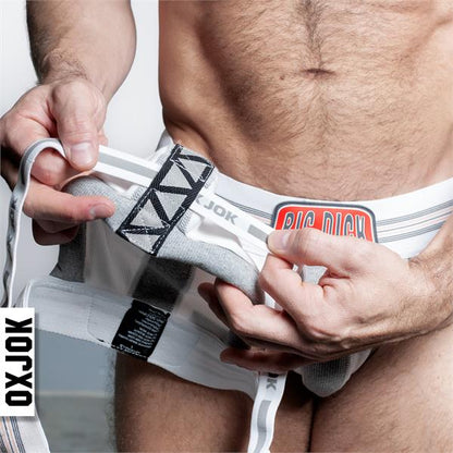 Bulger jockstrap oxjok briefs in white and gray with a bold red big dick logo patch on the front