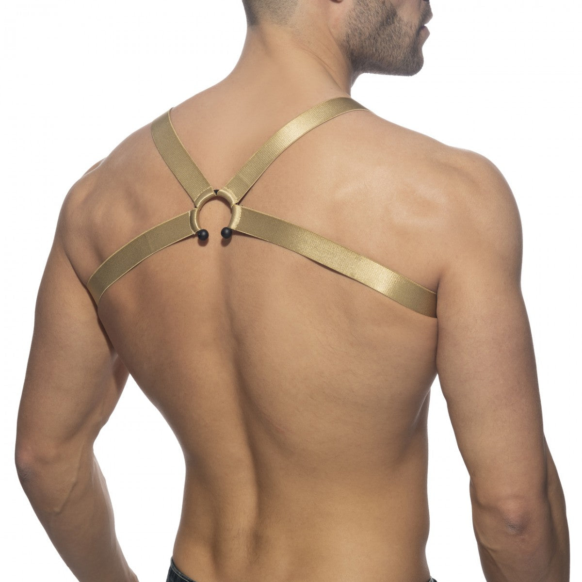 Gold-colored satin-finish bull ring harness with a central circular ring and black spherical accents