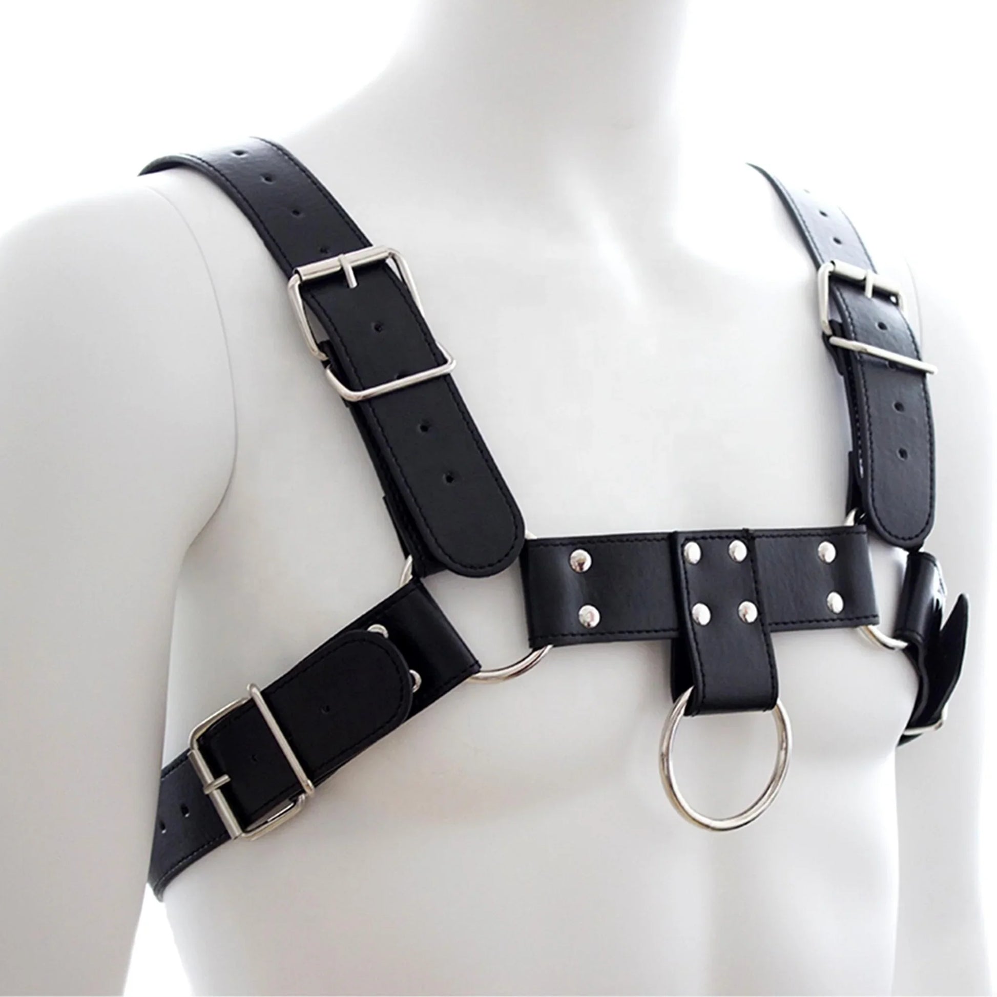 Black leather bulldog harness with silver-toned metal buckles and rings for secure control and style