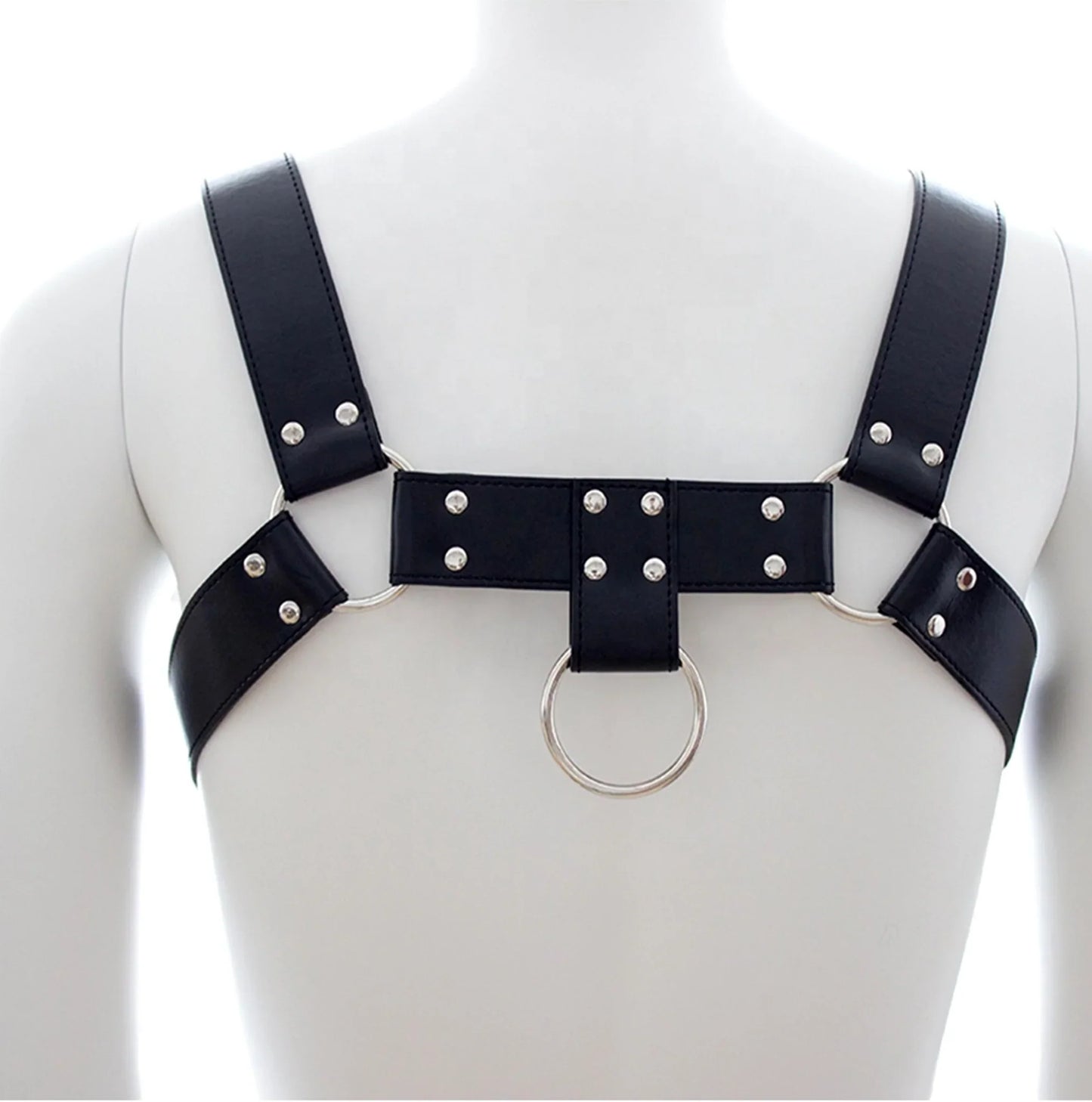 Black leather bulldog harness with silver metal rings and studs designed for strong secure fit