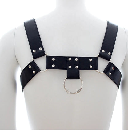 Black leather bulldog harness with silver metal rings and studs designed for strong secure fit