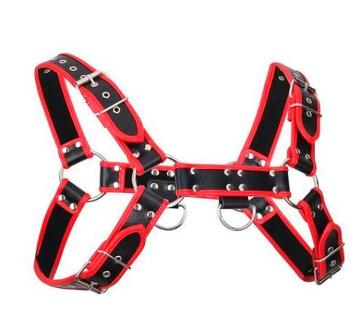 Red and black leather bulldog harness with piping and silver-toned metal hardware showing front view