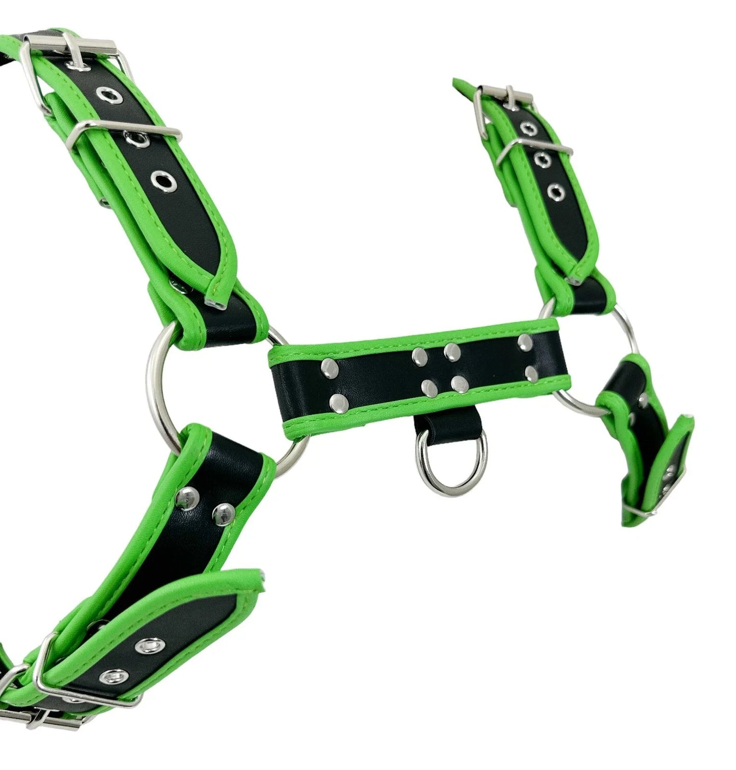 Vibrant green and black leather bulldog harness with piping and silver-toned metal hardware for secure use