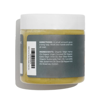 A clear glass jar with white lid shows yellowish green organic bum balm hand cream with ingredient label on back