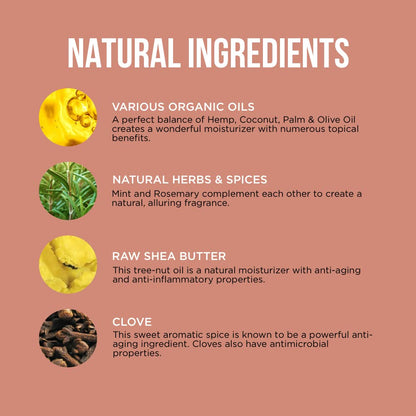 The back of bum balm moisturizer shows a list of natural ingredients including organic hemp and coconut oils