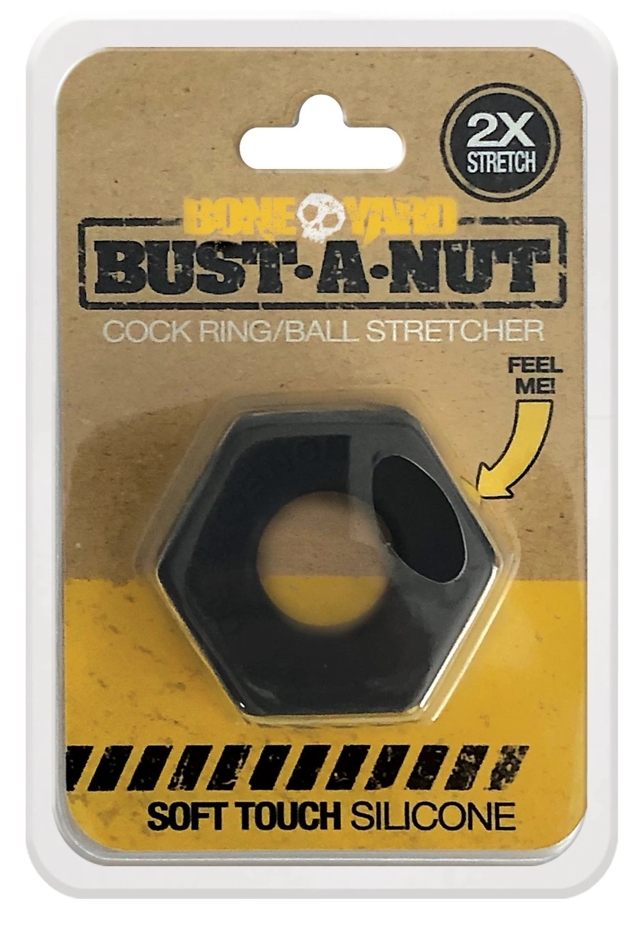 Black hexagonal silicone cock ring with central hole and side cutouts in bust a nut cardboard blister pack by bone yard