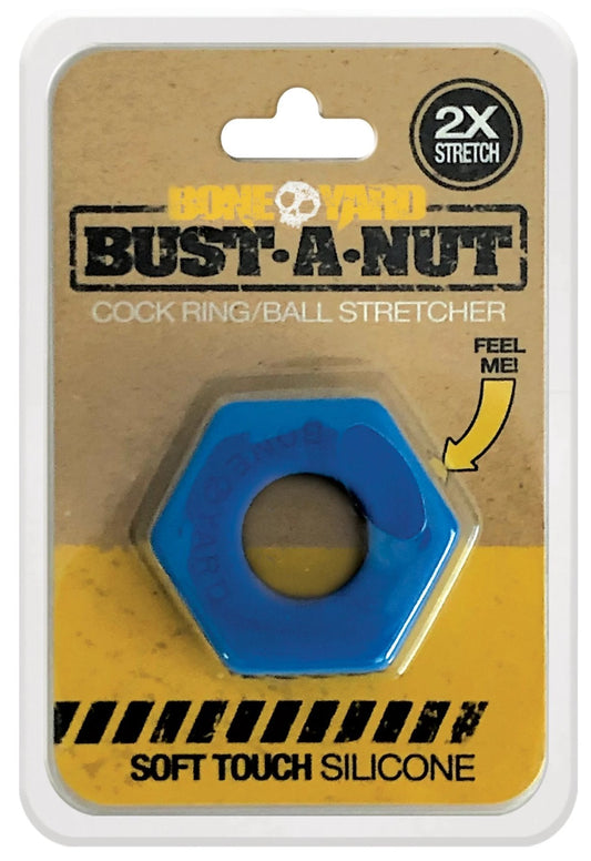 Blue hexagonal silicone cock ring bust a nut with central hole and textured surface for enhanced grip