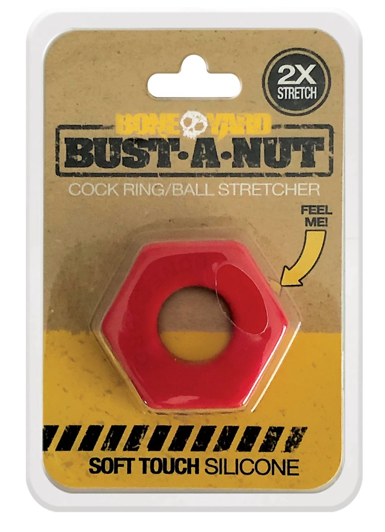 Red bust a nut silicone cock ring with hexagonal shape and central hole in cardboard blister pack