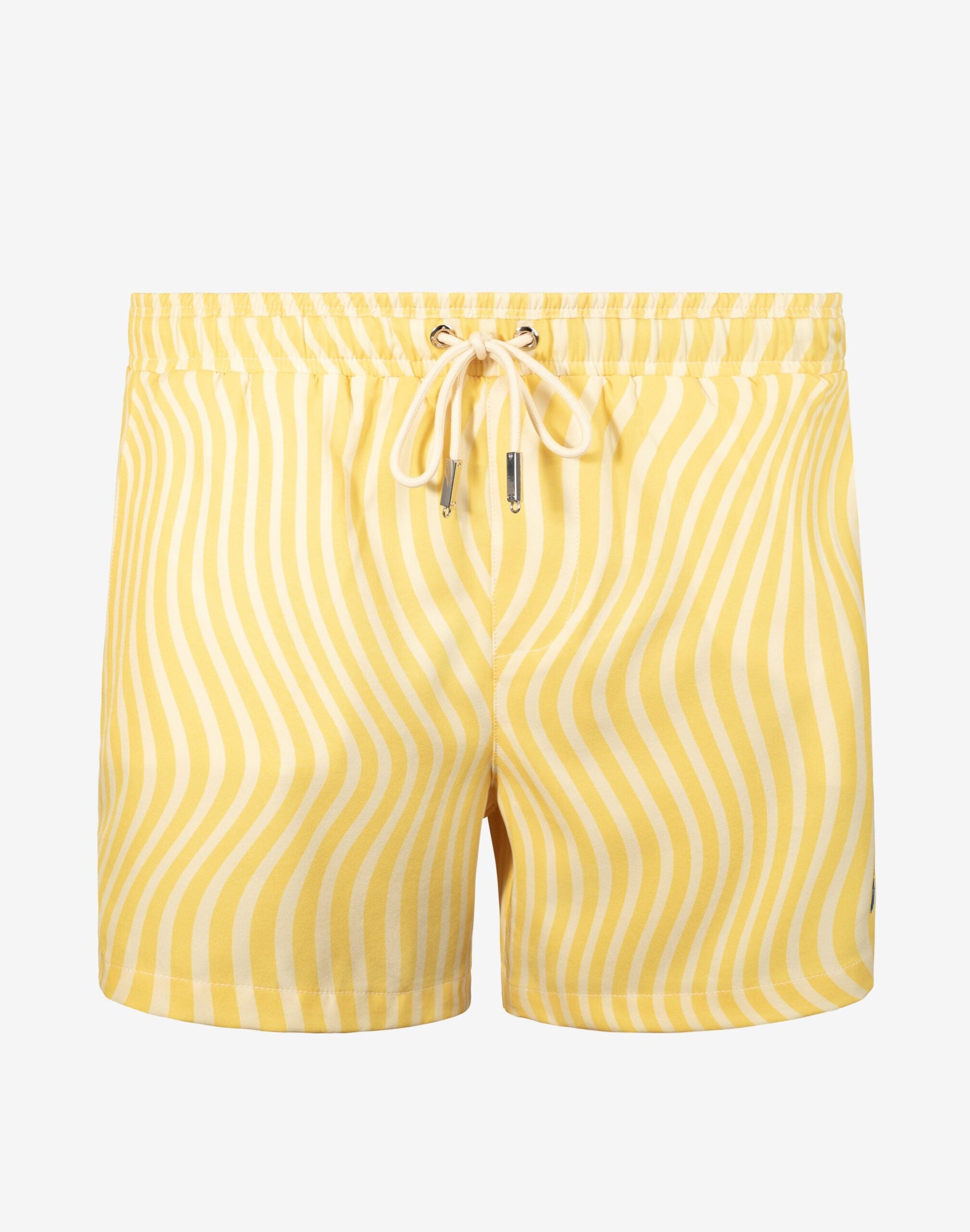 Yellow and white wavy-striped byron swim short with drawstring waistband designed for comfortable beachwear