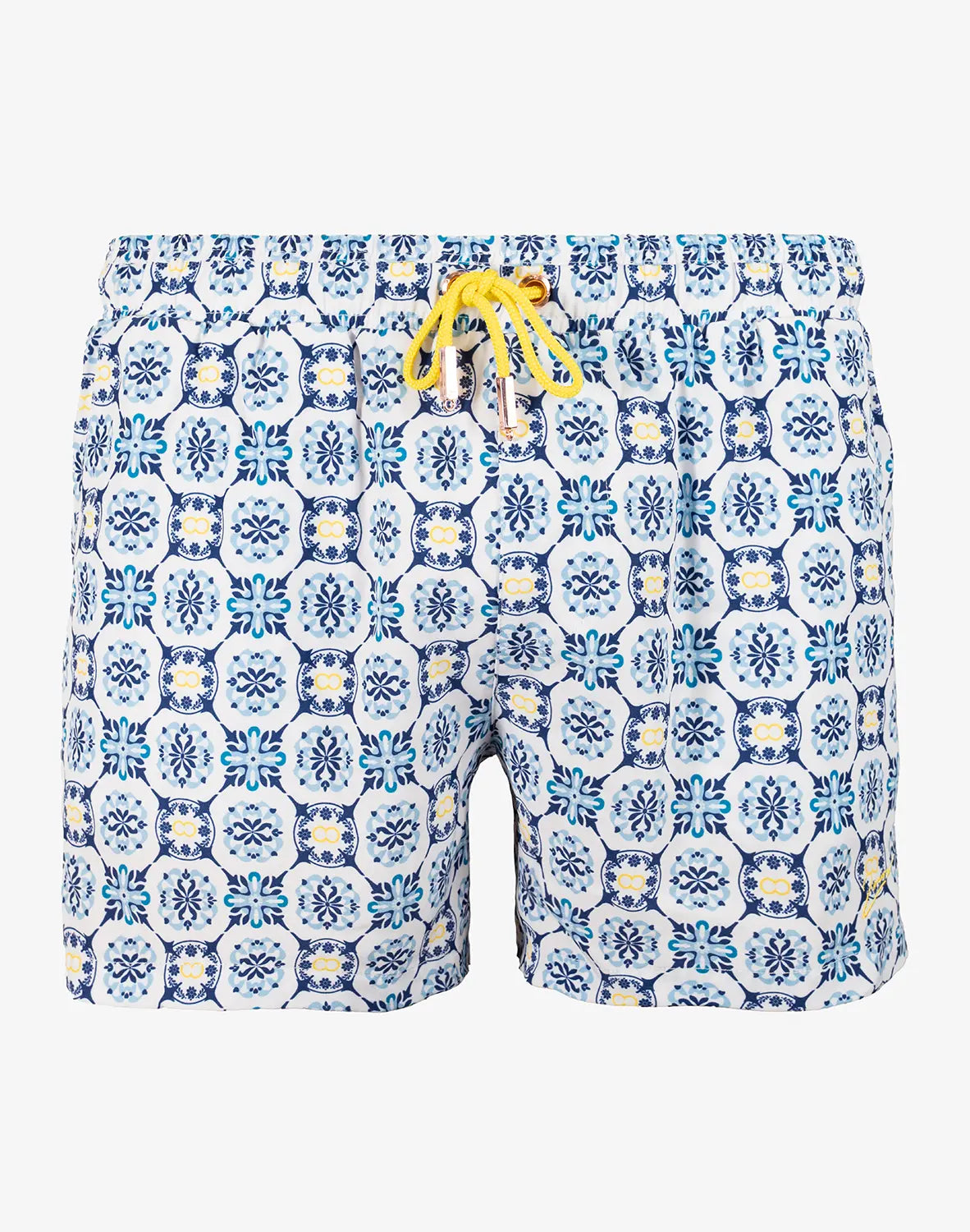 Byron swim short Mykonos print blue and white patterned swim trunks with yellow drawstring for beachwear