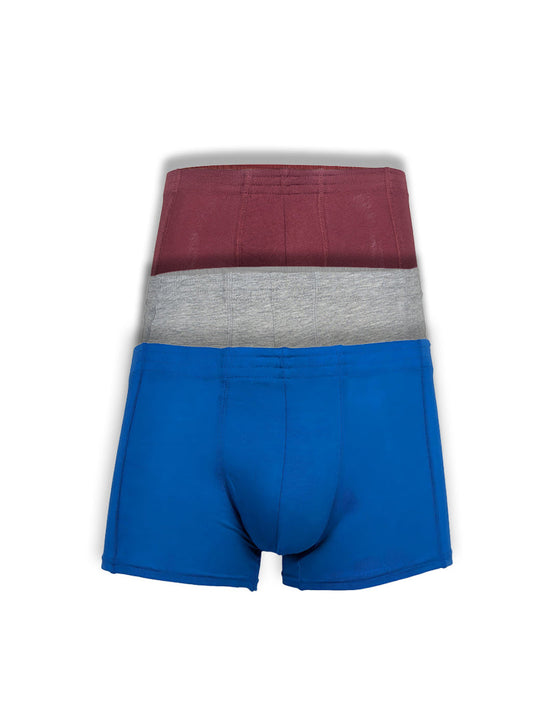 Basics trunk 3-pack of men’s solid red heather gray and royal blue boxer briefs made from soft breathable cotton