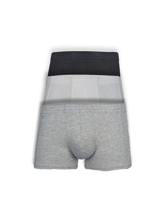 Three-pack of men’s boxer briefs in heather gray light gray and black with soft cotton blend fabric basics trunk 3-pack