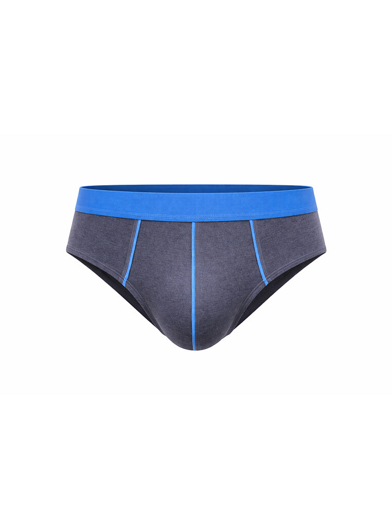 Dark gray basix comfort contrast briefs with vibrant blue waistband and stitching for everyday comfort wear