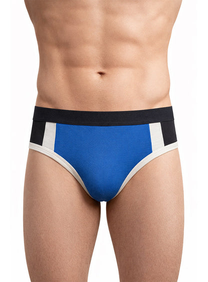 Blue and black basix comfort jock athletic briefs with white trim designed for support and comfort during sports activities