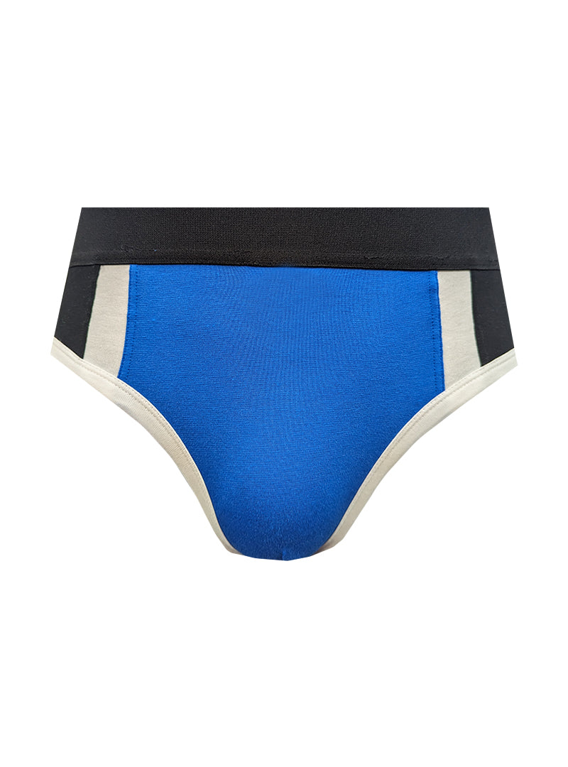 Blue Basix Comfort Jock athletic briefs with black waistband and white side stripes designed for active support