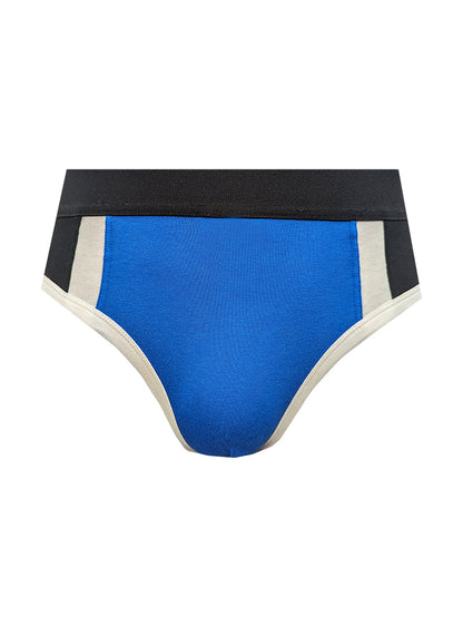 Blue Basix Comfort Jock athletic briefs with black waistband and white side stripes designed for active support