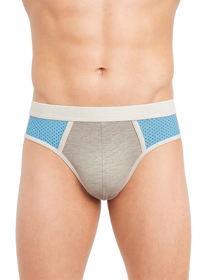 Basix Sport’s gray and light blue athletic briefs with perforated side panels for breathability and support